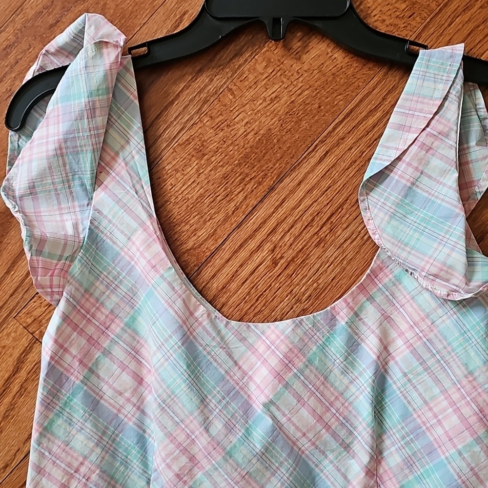 Womens Plaid Sundress with Ruffle Straps - Pastel Pink & Mint - Picture 2 of 4